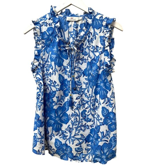 VINEYARD VINES Womens Top Size Small Blue White Floral Sleeveless Ruffle Blouse - Picture 1 of 8